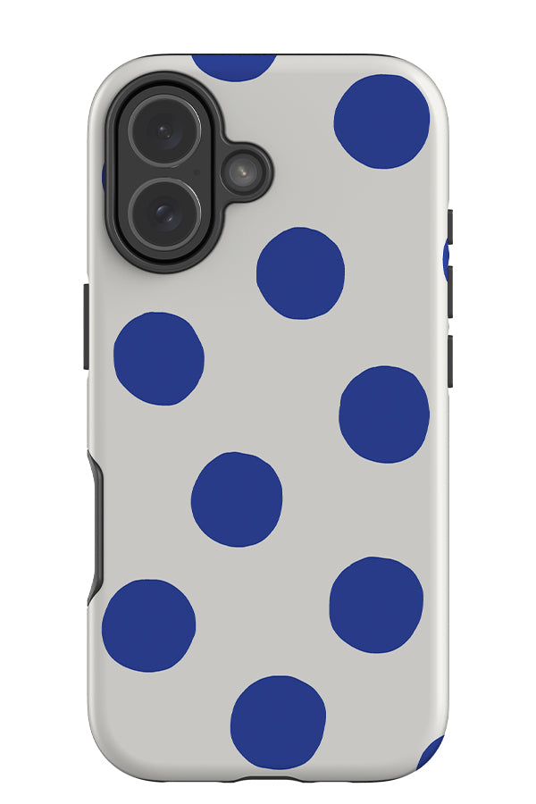 clay dots tough phone case with a white base colour and blue hand drawn polka dots