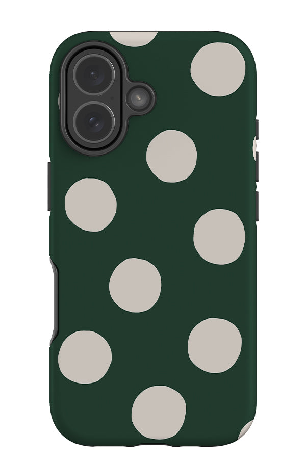 clay dots tough phone case with a green base and beige scattered hand drawn polka dots