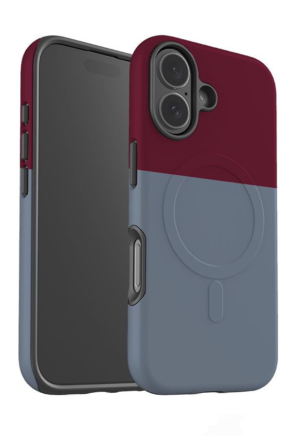 colour block MagSafe phone case angle view with a two tone design with burgundy red on top and muted blue on the bottom