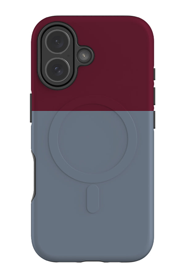 colour block MagSafe phone case with a two tone design with burgundy red on top and muted blue on the bottom