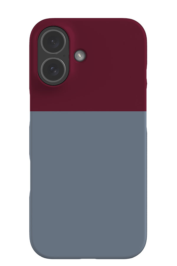 colour block snap phone case with a two tone design with burgundy red on top and muted blue on the bottom