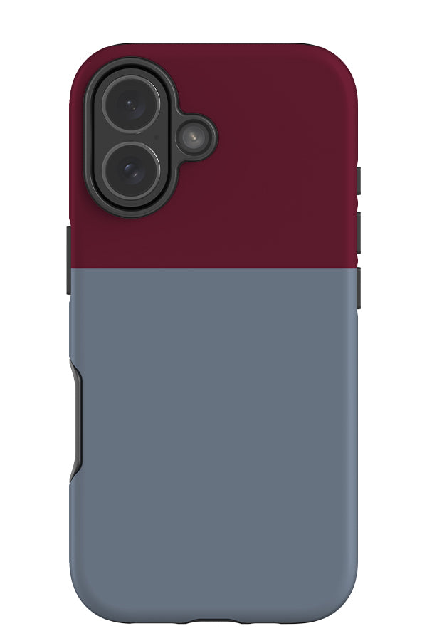colour block tough phone case with a two tone design with burgundy red on top and muted blue on the bottom