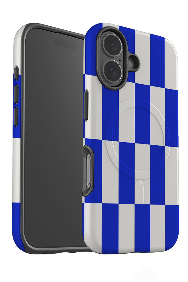column check MagSafe phone case angle view with blue and white rectangle checks