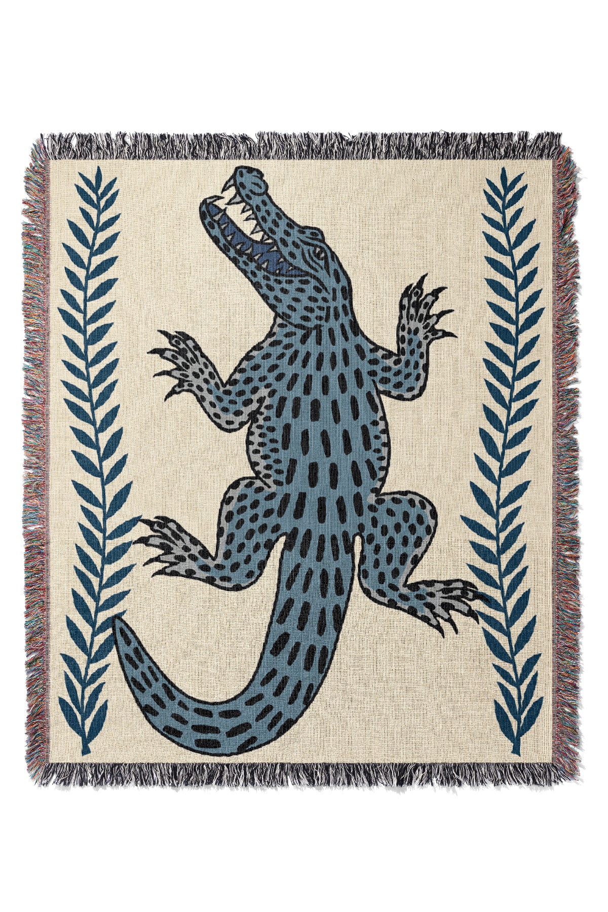 Crocodile jacquard woven throw blanket with a blue crocodile illustration with blue plants