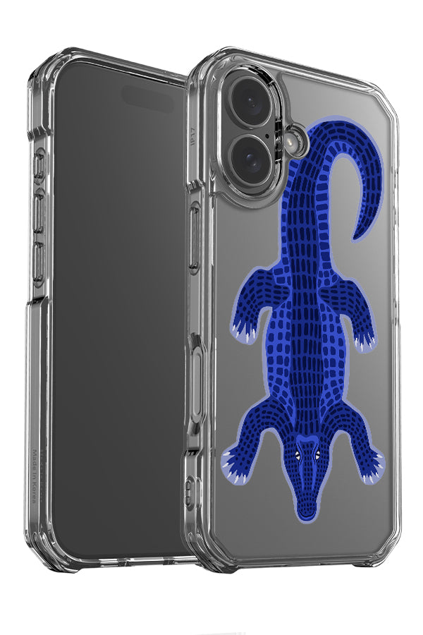 Colourful crocodile clear phone case angle detail with a single large blue crocodile illustration