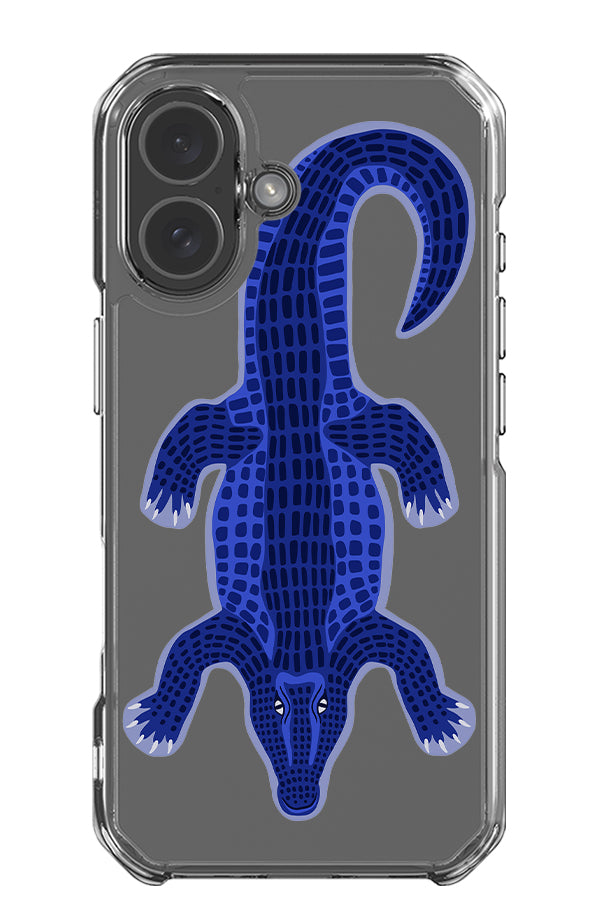 Colourful crocodile clear phone case with a single large blue crocodile illustration