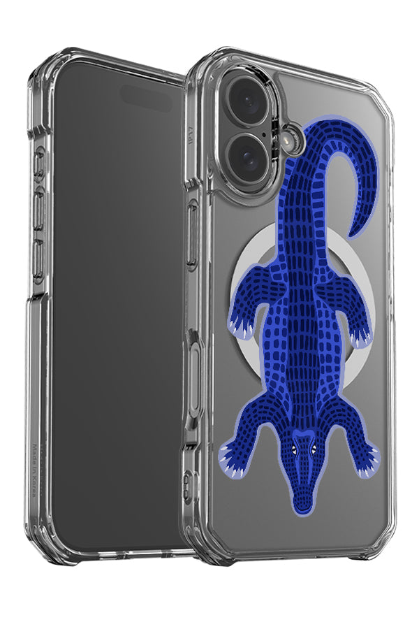 Colourful crocodile clear MagSafe phone case angle detail with a single large blue crocodile illustration