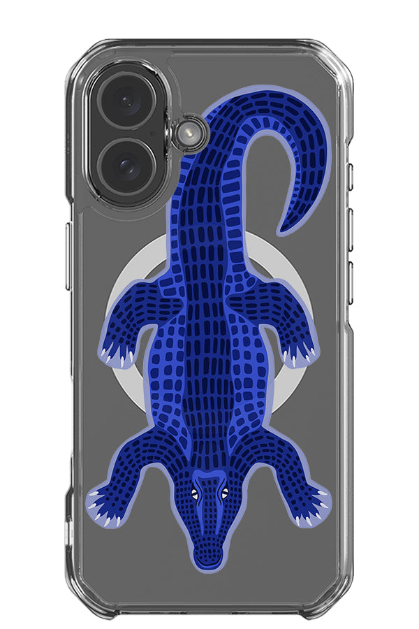 Colourful crocodile clear MagSafe phone case with a single large blue crocodile illustration