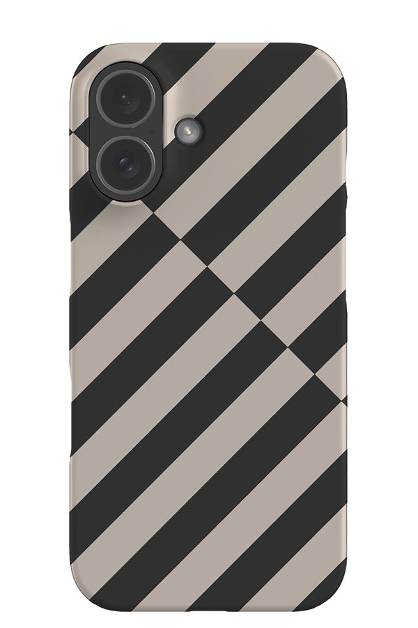 Cross Line stripe snap phone case with a diagonal shifted linear pattern in charcoal stone black and beige
