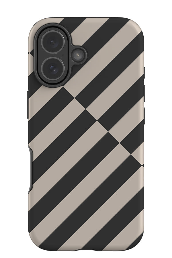 Cross Line stripe tough phone case with a diagonal shifted linear pattern in charcoal stone black and beige