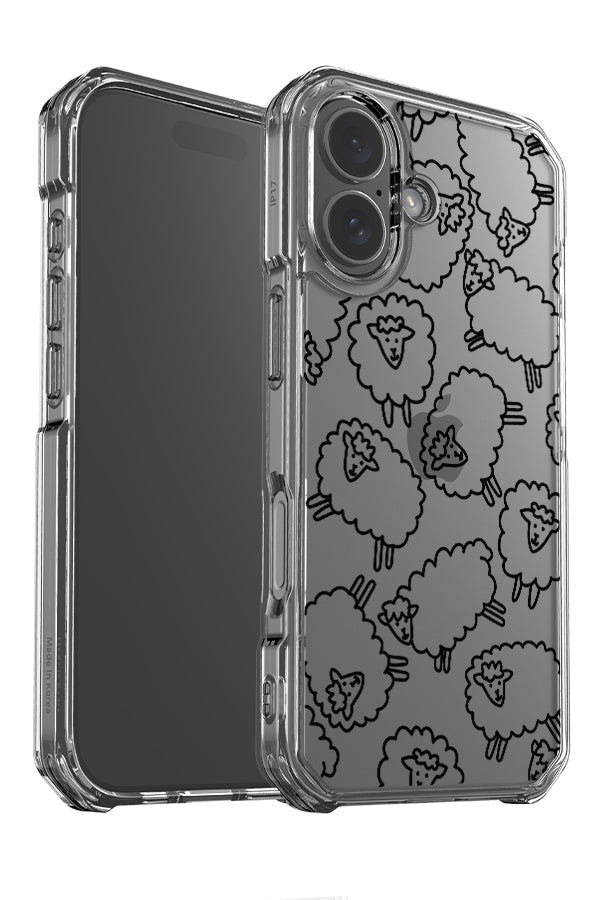 Cute sheep clear impact phone case angle detail with black line art sheep illustrations