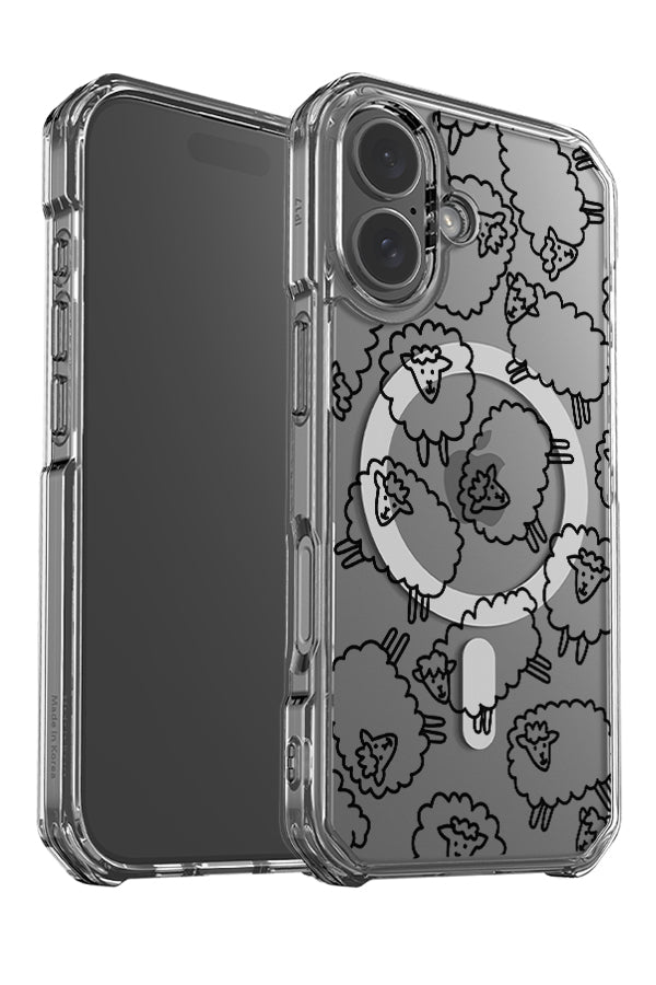 Cute sheep clear impact MagSafe phone case angle detail with black line art sheep illustrations