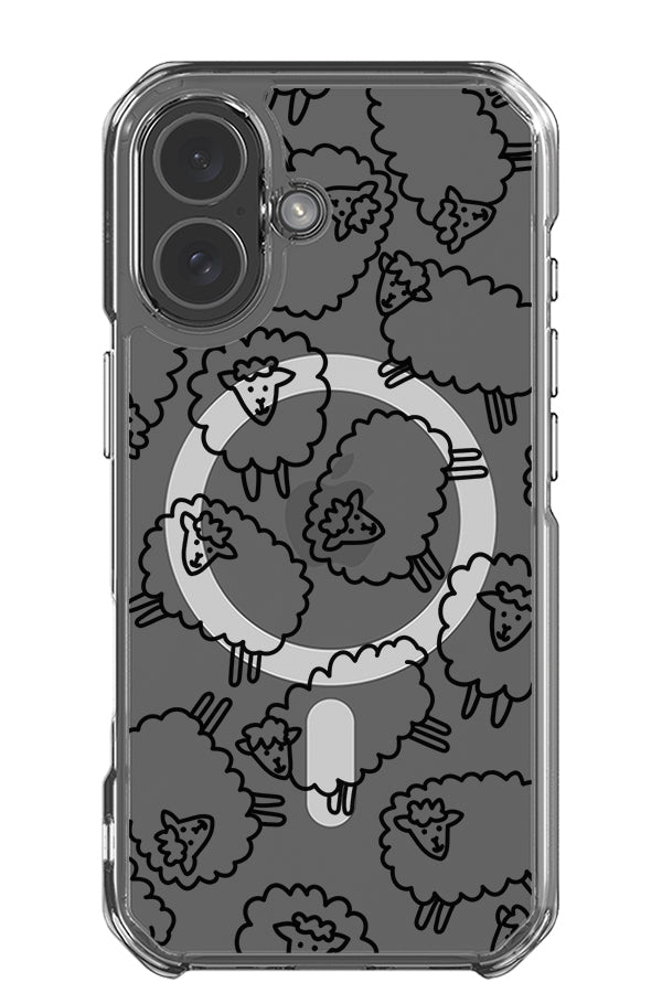 Cute sheep clear impact MagSafe phone case with black line art sheep illustrations