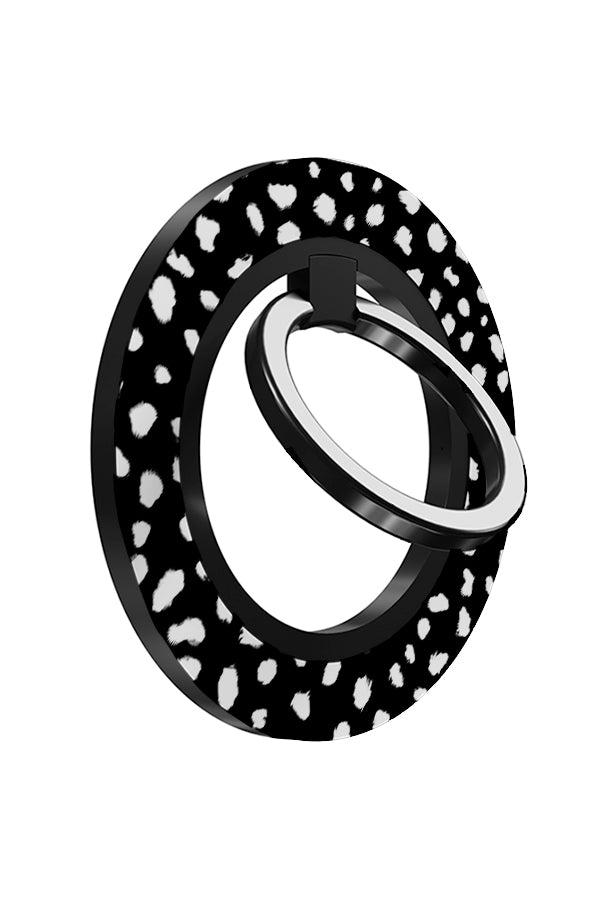 Dalmatian print magnetic phone ring holder angle with a black and white polka dot dalmatian print