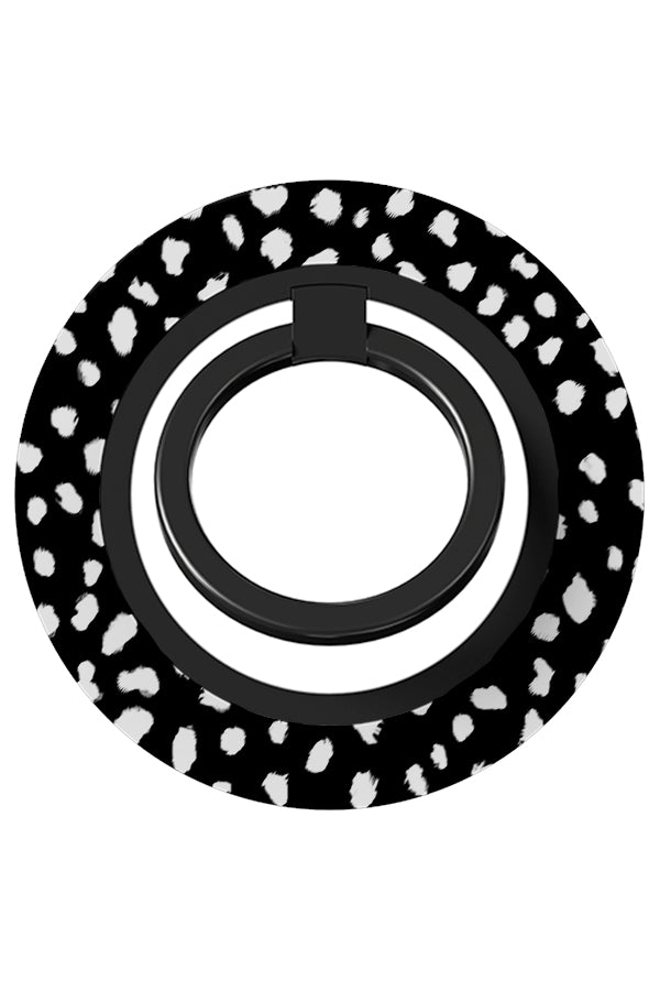Dalmatian print magnetic phone ring holder with a black and white polka dot dalmatian print