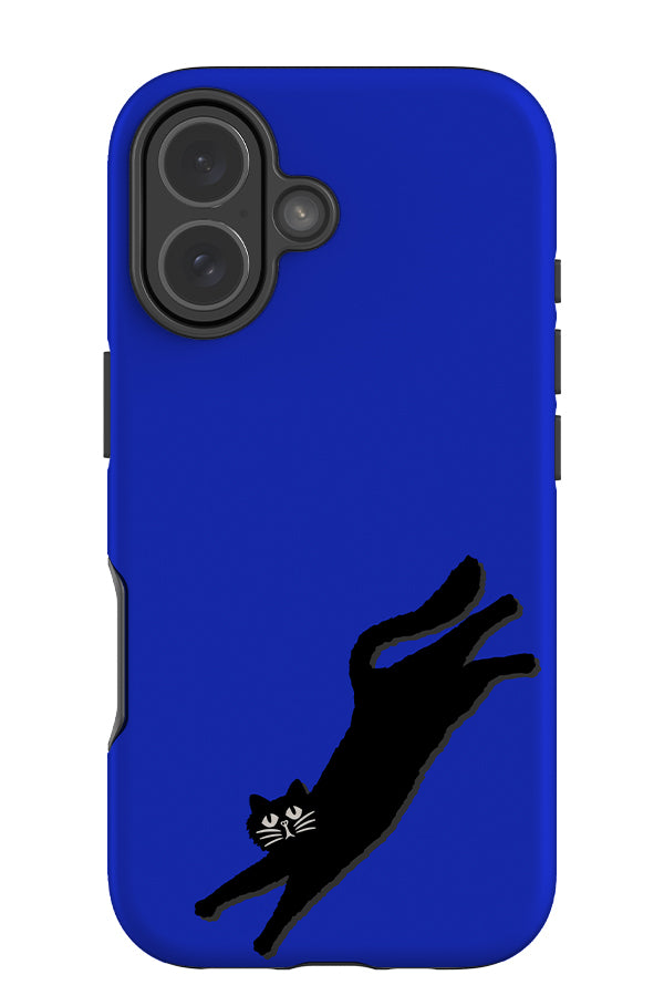 diagonal cat tough phone case with a bright blue background and black cat illustration