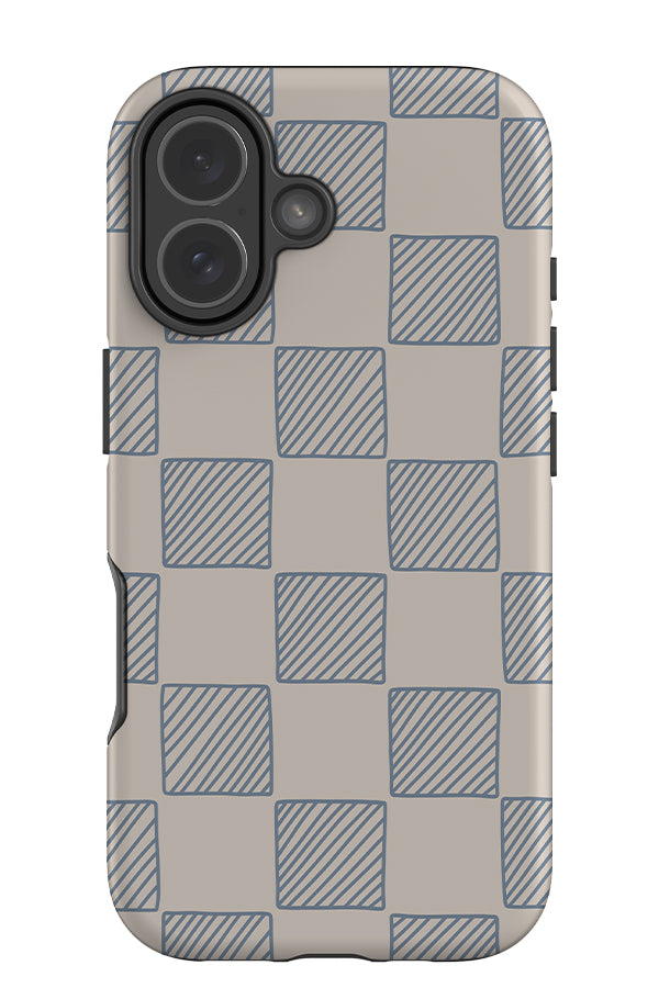 diagonal check small tough phone case with a blue check pattern with diagonal lines