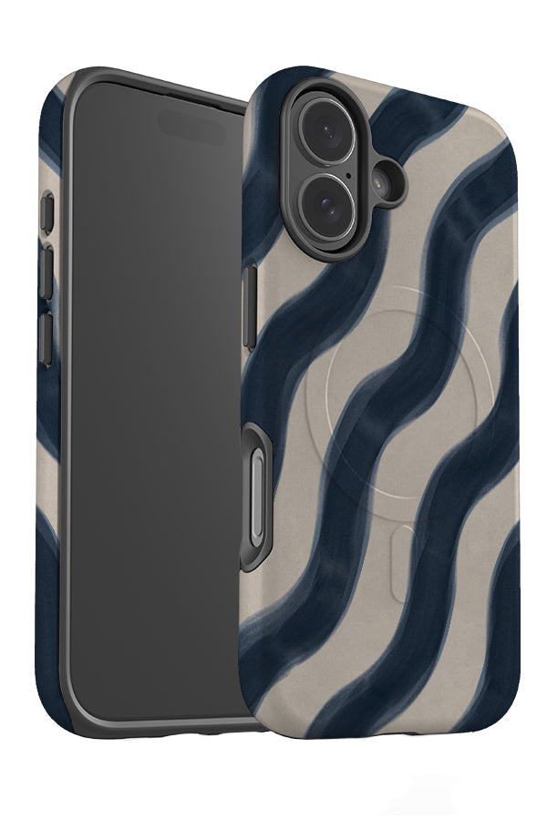 Diagonal wave marker stripe MagSafe phone case angled with a wavy pattern in blue and beige