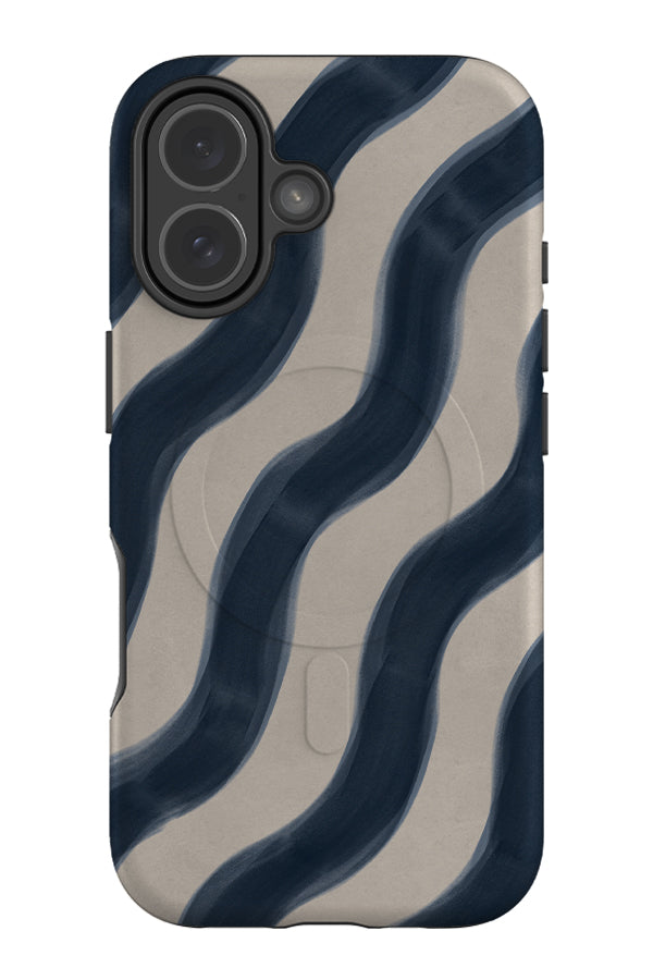Diagonal wave marker stripe MagSafe phone case with a wavy pattern in blue and beige