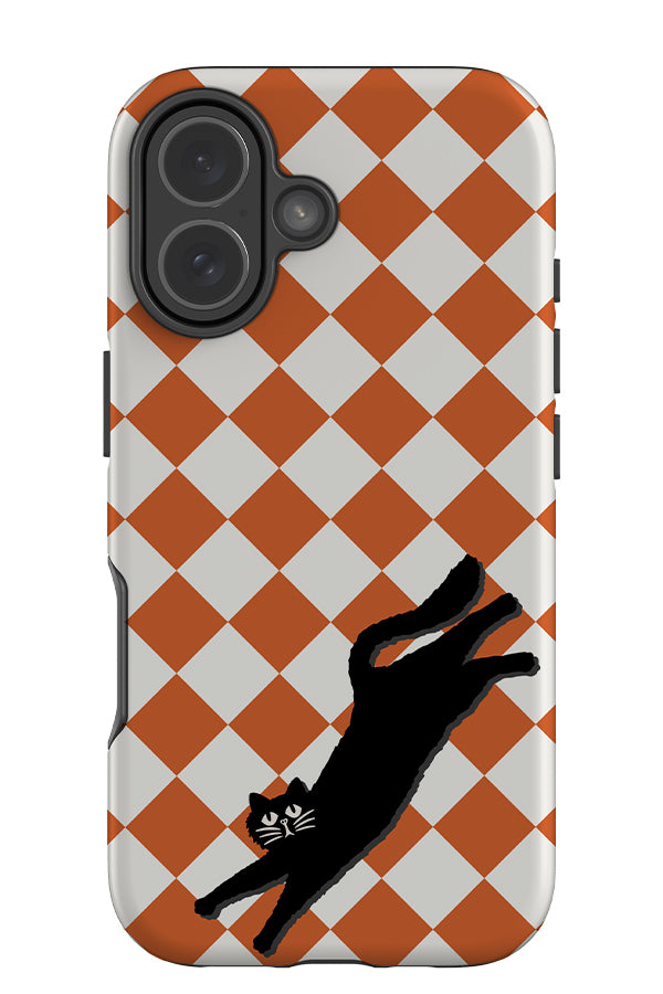 Diamond cat stretch tough phone case with a white and orange diamond pattern and black cat illustration