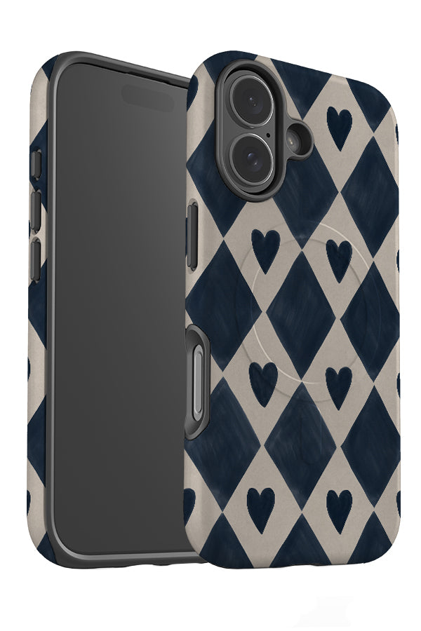 diamond heart MagSafe phone case angle detail with a blue diamond pattern and hearts 