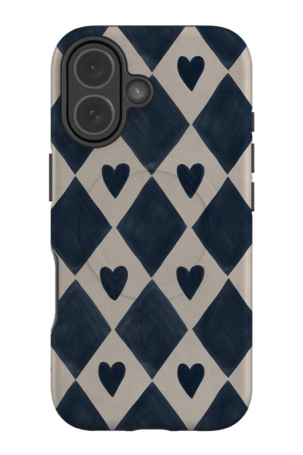diamond heart MagSafe phone case with a blue diamond pattern and hearts 