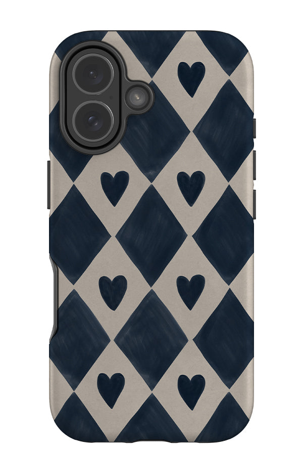 diamond heart tough phone case with a blue diamond pattern and hearts 