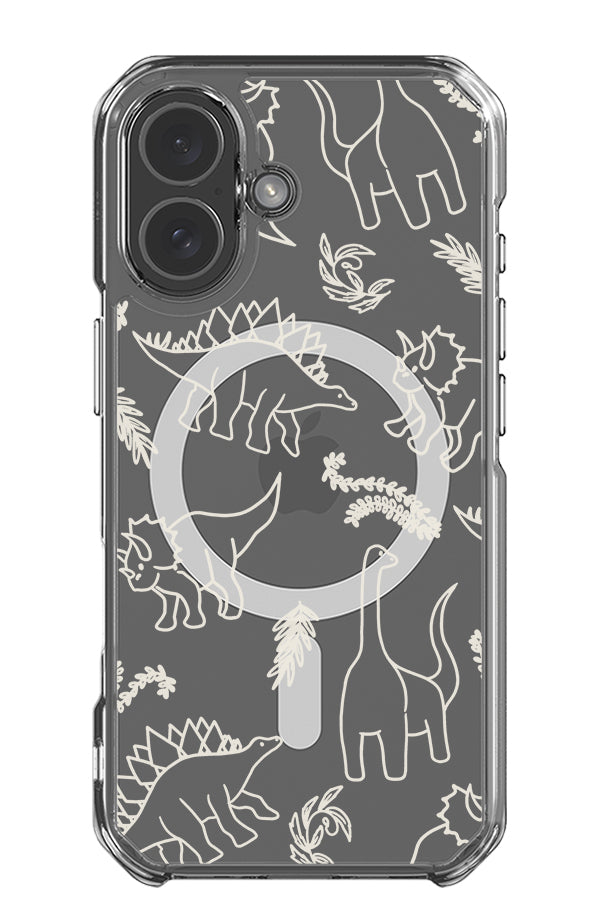Dinosaur line art clear impact MagSafe phone case with cute dinosaur and plant line art illustrations in beige