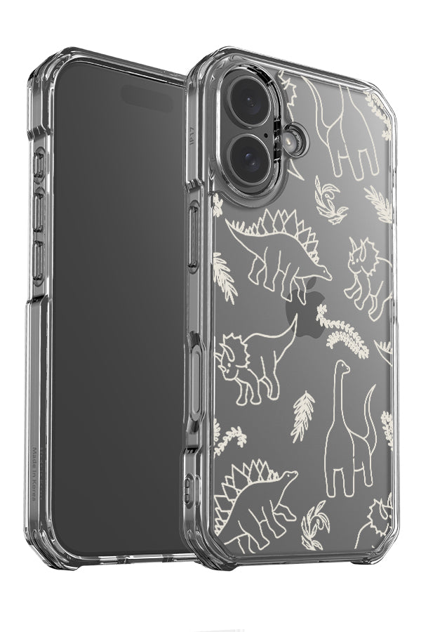 Dinosaur line art clear impact phone case angle detail with cute dinosaur and plant line art illustrations in beige