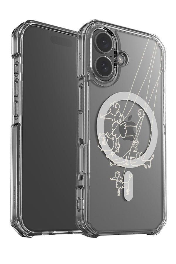 Doodle dogs on lead clear impact MagSafe phone case angle detail with cute line art dog illustrations in beige