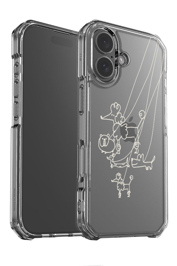 Doodle dogs on lead clear impact phone case angle detail with cute line art dog illustrations in beige