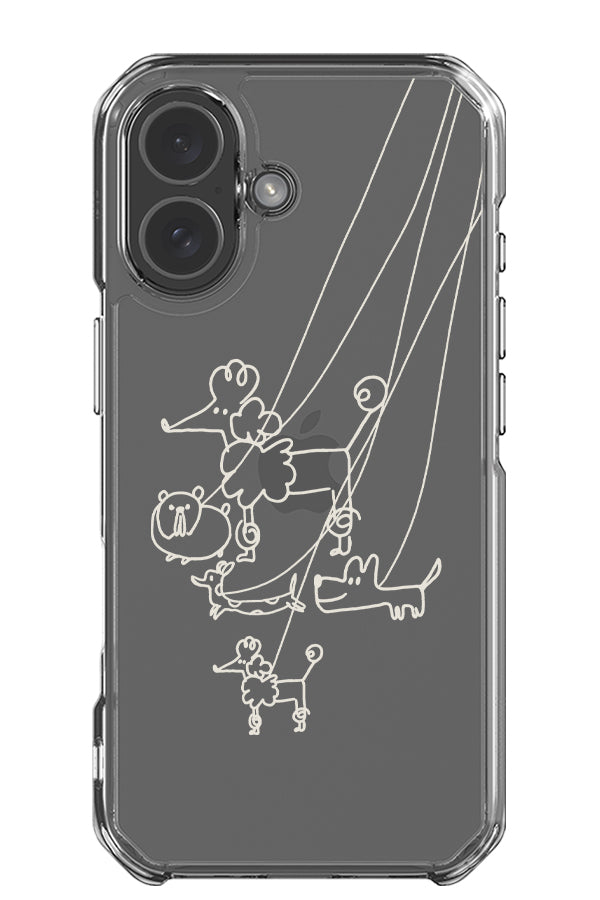 Doodle dogs on lead clear impact phone case with cute line art dog illustrations in beige