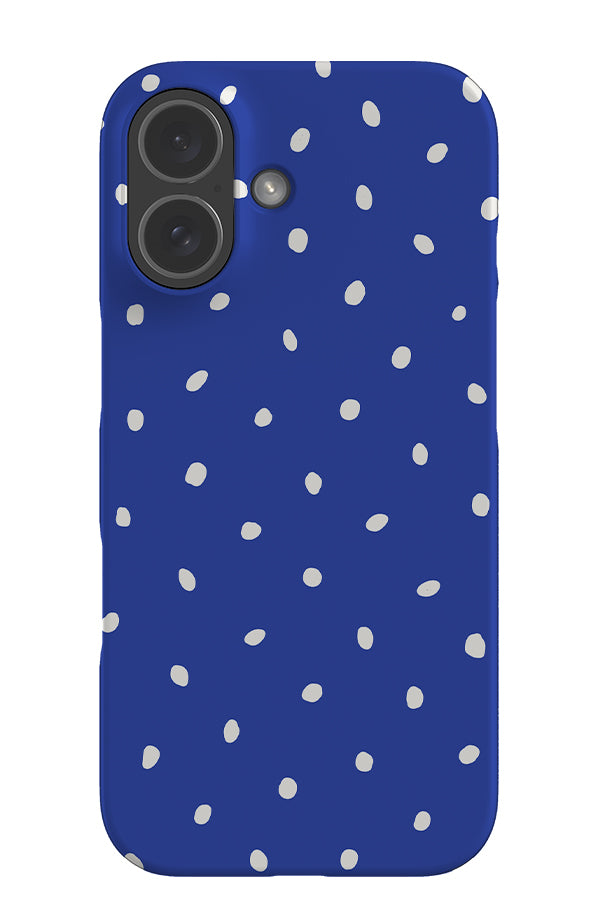 Drift dots snap phone case with a blue base colour and white hand drawn polka dots