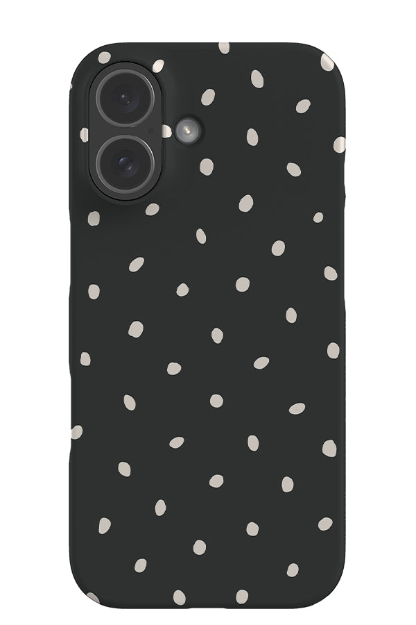 Drift dots snap phone case with a dark grey base colour and white hand drawn polka dots