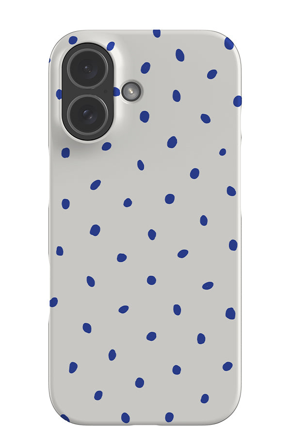 Drift dots snap phone case with a white base colour and blue hand drawn polka dots
