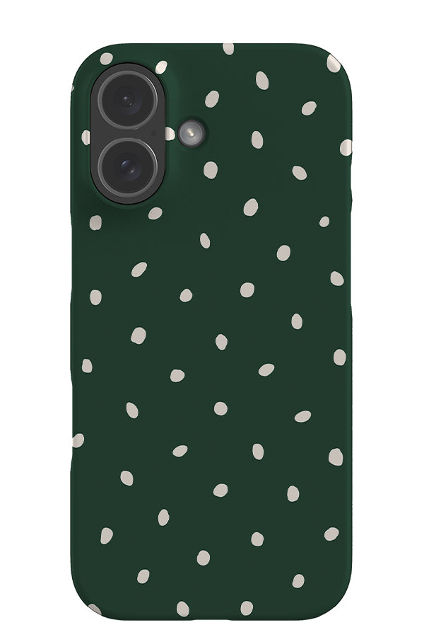 Drift dots snap phone case with a green base colour and white hand drawn polka dots
