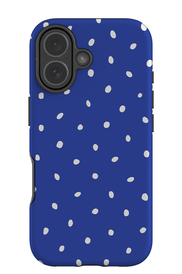 Drift dots tough phone case with a blue base colour and white hand drawn polka dots