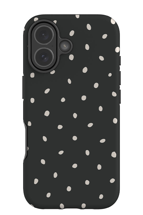 Drift dots tough phone case with a dark grey base colour and white hand drawn polka dots