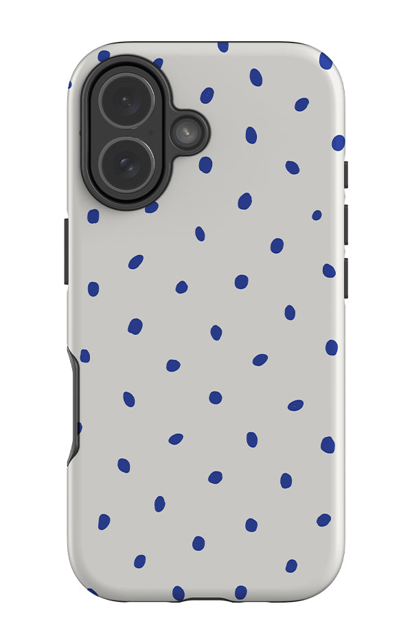 Drift dots tough phone case with a white base colour and blue hand drawn polka dots