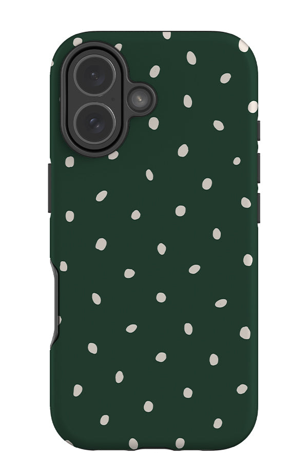 Drift dots tough phone case with a green base colour and white hand drawn polka dots