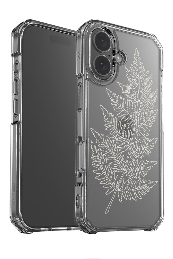 fern line clear impact phone case angle detail with a line drawing fern leaf in beige