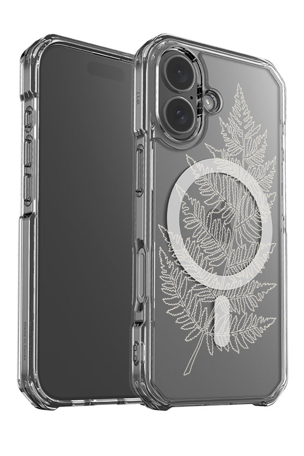 fern line clear impact MagSafe phone case angle detail with a line drawing fern leaf in beige