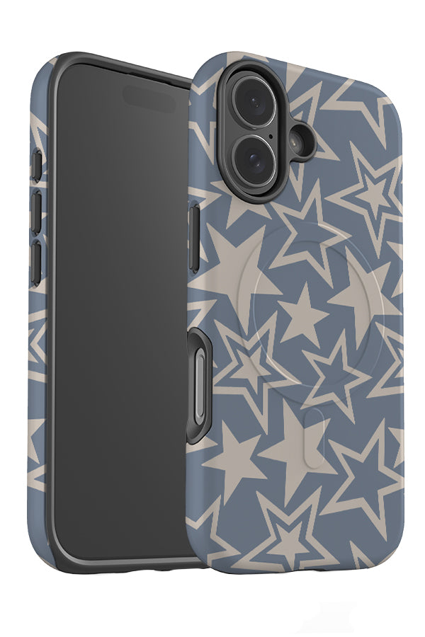 Field star MagSafe phone case angle detail with Y2K abstract stars in blue