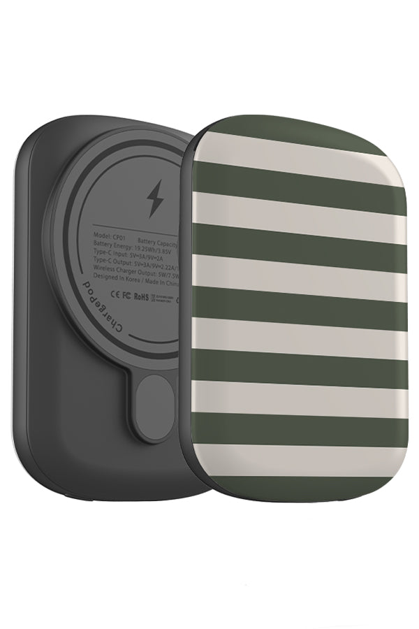 fine harbour line MagSafe ChargePod power bank angle view with horizontal dark green and white stripes