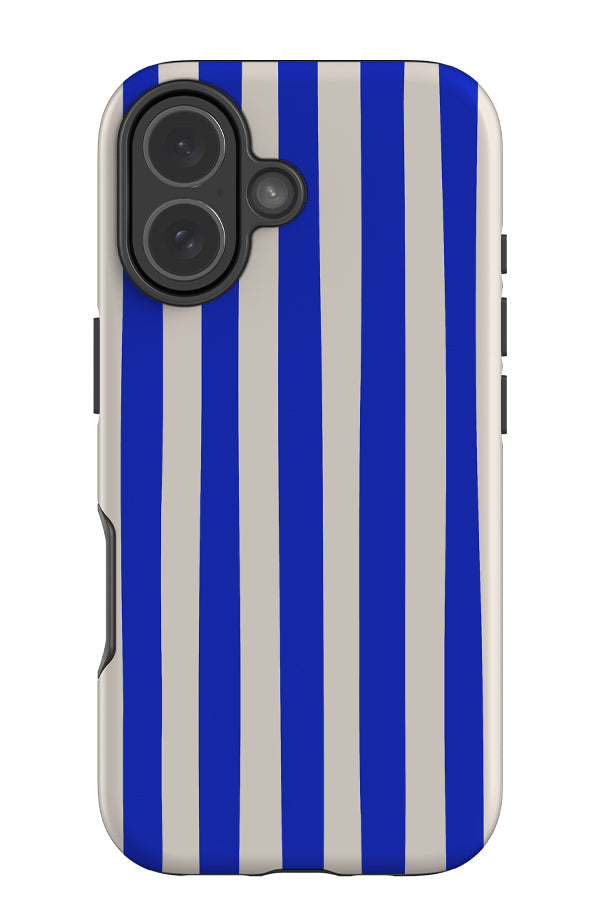 fine soft line tough phone case with blue and white vertical hand drawn stripes