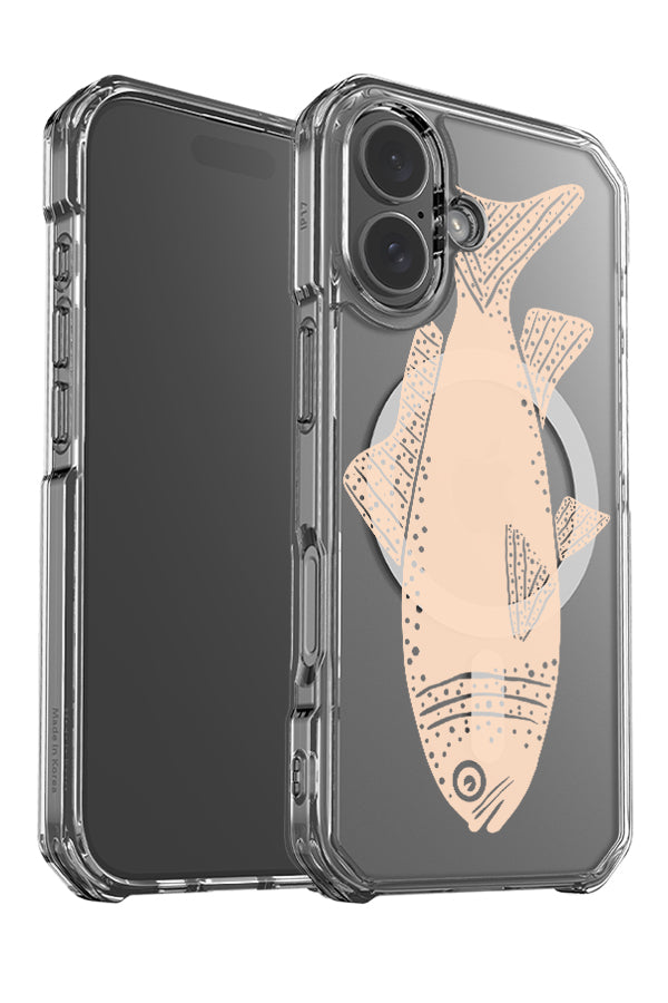 Fish clear impact MagSafe phone case angle detail with a large, bold fish illustration in beige