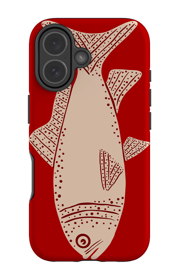 fish tough phone case with a large, bold beige fish illustration on a red background
