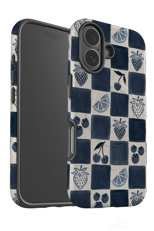 fruit marker check MagSafe phone case angle detail with blue and beige checks and summer fruit illustrations