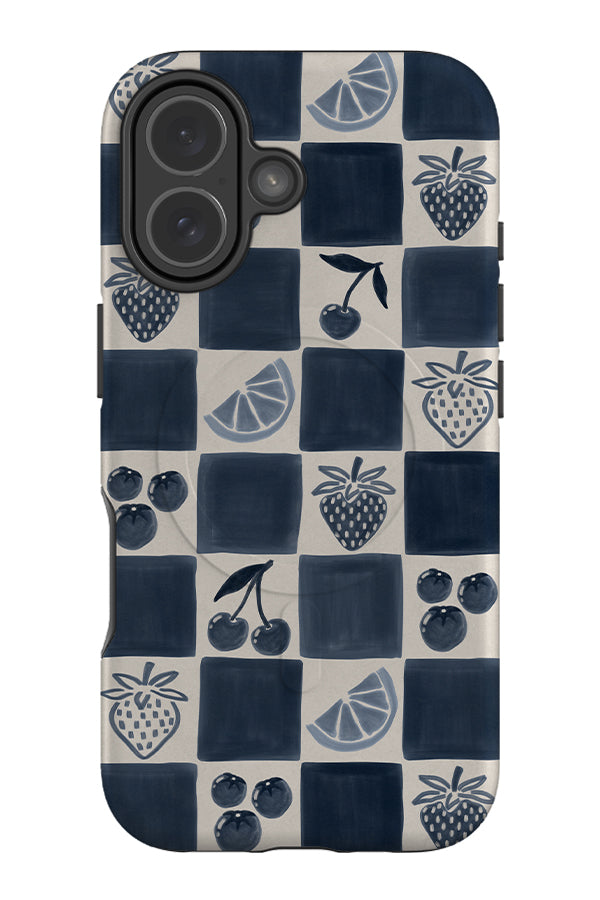 fruit marker check MagSafe phone case with blue and beige checks and summer fruit illustrations