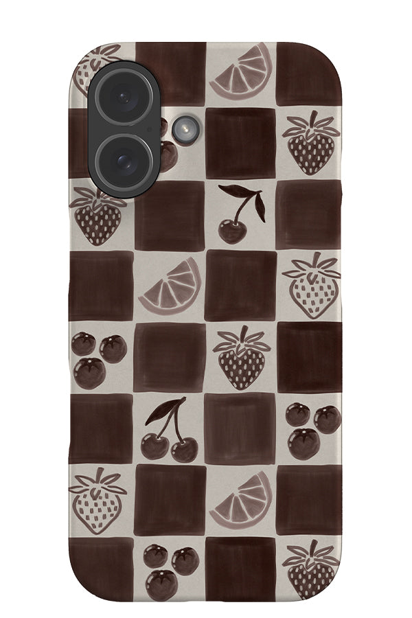 fruit marker check snap phone case with brown and beige checks and summer fruit illustrations